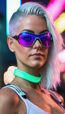 1girl,solo,long hair,breasts,looking at viewer,blue eyes,cleavage,jewelry,medium breasts,closed mouth,upper body,pink hair,white hair,multicolored hair,earrings,small breasts,choker,dark skin,blurry,two-tone hair,dark-skinned female,lips,makeup,blurry background,piercing,sunglasses,tank top,lipstick,portrait,asymmetrical hair,realistic,nose,stud earrings,tinted eyewear,cyberpunk,blue-tinted eyewear,purple-tinted eyewear,short hair,bare shoulders,grey hair,thick eyebrows,very short hair