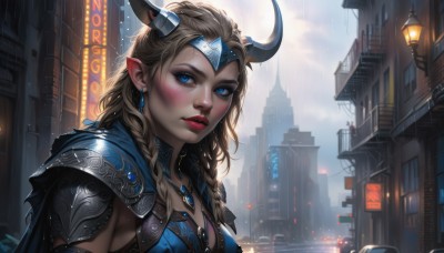 1girl,solo,long hair,breasts,looking at viewer,blush,blue eyes,blonde hair,brown hair,cleavage,jewelry,medium breasts,upper body,braid,earrings,outdoors,parted lips,horns,sky,pointy ears,artist name,cloud,necklace,cape,armor,twin braids,lips,wet,eyelashes,makeup,cloudy sky,lipstick,elf,shoulder armor,building,gem,motor vehicle,rain,pauldrons,circlet,city,realistic,nose,fantasy,red lips,car,shoulder pads,lamppost,mascara,headgear,ground vehicle,eyeshadow,freckles,cityscape,fake horns