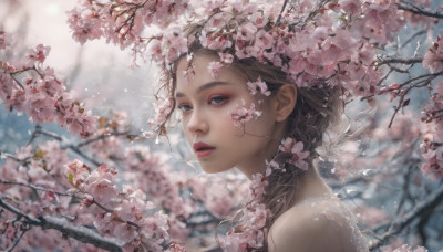 1girl, solo, looking at viewer, brown hair, bare shoulders, upper body, flower, outdoors, parted lips, day, blurry, from side, tree, lips, depth of field, blurry background, cherry blossoms, realistic, branch