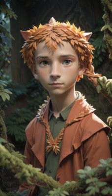 solo,looking at viewer,short hair,brown hair,shirt,1boy,animal ears,brown eyes,closed mouth,green eyes,jacket,upper body,braid,male focus,outdoors,collared shirt,artist name,signature,blurry,tree,buttons,depth of field,blurry background,leaf,watermark,plant,nature,androgynous,forest,freckles,green shirt,male child,head wreath,vines,1girl,long hair,red hair,orange hair,twin braids,lips,sunlight,web address,realistic,nose