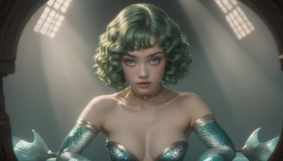 1girl,solo,breasts,looking at viewer,short hair,bangs,blue eyes,cleavage,bare shoulders,jewelry,medium breasts,green eyes,collarbone,upper body,parted lips,detached sleeves,green hair,choker,indoors,necklace,lips,sunlight,monster girl,curly hair,light rays,realistic,red lips,mermaid,simple background,gloves,makeup