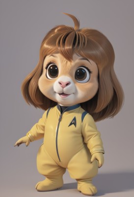 1girl,solo,smile,open mouth,bangs,simple background,brown hair,long sleeves,brown eyes,standing,full body,ahoge,medium hair,grey background,bodysuit,shadow,child,furry,zipper,furry female,female child,jumpsuit,yellow bodysuit,looking at viewer,animal ears,realistic