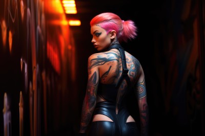 1girl,solo,looking at viewer,short hair,bare shoulders,jewelry,closed mouth,ponytail,pink hair,ass,earrings,looking back,dark skin,from behind,blurry,leotard,lips,tattoo,makeup,blurry background,back,piercing,short ponytail,nose,arm tattoo,shoulder tattoo,undercut,facial tattoo,hair pulled back,back tattoo,full-body tattoo,multicolored hair,pants,dark-skinned female,eyeshadow,realistic,eyeliner,very short hair,mascara,mohawk