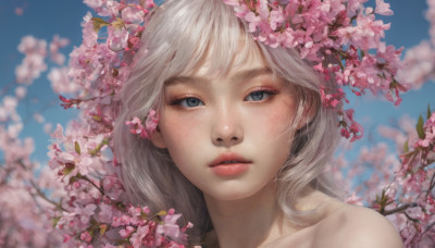 1girl, solo, long hair, looking at viewer, bangs, blue eyes, bare shoulders, flower, outdoors, parted lips, sky, teeth, day, blurry, blue sky, lips, depth of field, cherry blossoms, portrait, freckles, realistic, nose