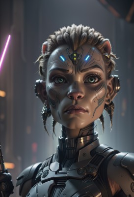 1girl,solo,looking at viewer,short hair,blonde hair,brown hair,animal ears,jewelry,closed mouth,green eyes,upper body,earrings,dark skin,armor,mole,blurry,dark-skinned female,lips,bodysuit,makeup,blurry background,headgear,piercing,portrait,freckles,science fiction,realistic,nose,cyborg,cyberpunk,earpiece,weapon,glowing,close-up,backlighting,bandaid on face,very short hair,eyebrow piercing