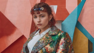 1girl,solo,looking at viewer,short hair,blue eyes,brown hair,shirt,hair ornament,jewelry,closed mouth,white shirt,upper body,flower,red hair,earrings,collared shirt,lips,shadow,floral print,realistic,nose,head wreath,breasts,bangs,jacket,braid,gem,multicolored clothes