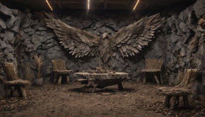 wings,indoors,no humans,instrument,scenery,feathered wings,angel wings,rock,stairs,ruins,wall,cave,wood