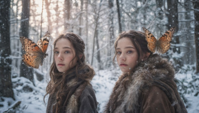 long hair, looking at viewer, blue eyes, multiple girls, brown hair, hair ornament, 2girls, upper body, outdoors, parted lips, pointy ears, scarf, blurry, tree, lips, coat, fur trim, blurry background, bug, butterfly, nature, snow, forest, freckles, snowing, realistic, winter, bare tree