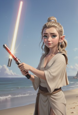 1girl,solo,long hair,breasts,looking at viewer,smile,blonde hair,holding,cleavage,jewelry,closed mouth,standing,collarbone,ponytail,weapon,cowboy shot,earrings,small breasts,outdoors,sky,day,pointy ears,sword,wide sleeves,water,holding weapon,blurry,blue sky,lips,grey eyes,ocean,beach,holding sword,single hair bun,elf,forehead,robe,sand,hair pulled back,energy sword,white robe,lightsaber,blue eyes,dress,green eyes,belt,white dress,mole,mole under eye,thick eyebrows,science fiction,realistic,nose,horizon,tunic