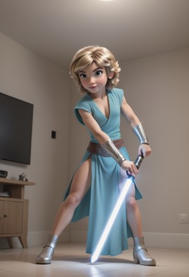 1girl,solo,breasts,looking at viewer,smile,short hair,blue eyes,blonde hair,dress,holding,cleavage,closed mouth,standing,full body,weapon,braid,short sleeves,small breasts,boots,belt,sword,artist name,indoors,holding weapon,lips,makeup,blue dress,glowing,holding sword,pelvic curtain,side slit,legs apart,wooden floor,realistic,bracer,television,shelf,glowing weapon,energy sword,glowing sword,lightsaber,cosplay,aged down,nose,tunic,aqua dress