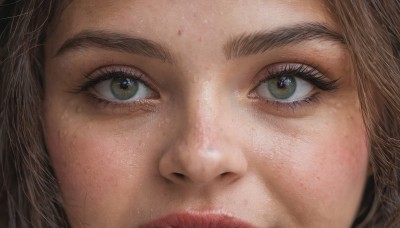 1girl,solo,looking at viewer,brown hair,brown eyes,closed mouth,green eyes,lips,eyelashes,thick eyebrows,portrait,close-up,freckles,realistic,nose,eye focus,bangs