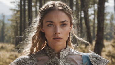 1girl,solo,long hair,looking at viewer,blonde hair,brown hair,closed mouth,green eyes,outdoors,day,armor,blurry,tree,lips,grey eyes,floating hair,depth of field,blurry background,portrait,nature,forest,realistic,nose,straight-on,braid,eyelashes,sunlight,thick eyebrows,shoulder armor