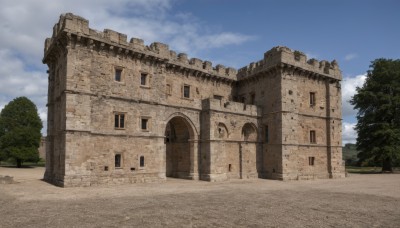 outdoors,sky,day,cloud,tree,blue sky,no humans,window,cloudy sky,building,scenery,road,bush,arch,architecture,ruins,castle