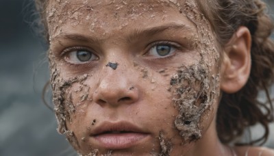 1girl,solo,looking at viewer,short hair,brown hair,brown eyes,parted lips,water,blurry,lips,depth of field,blurry background,portrait,close-up,freckles,realistic,nose,grey eyes,eyelashes,dirty,dirty face,cracked skin