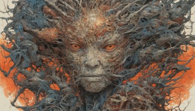 solo,looking at viewer,red eyes,1boy,white background,closed mouth,male focus,teeth,orange eyes,no humans,portrait,tentacles,colored sclera,monster,orange background,extra eyes,horror (theme),orange theme,eldritch abomination,tree