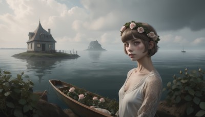 1girl,solo,breasts,short hair,bangs,brown hair,hair ornament,dress,cleavage,brown eyes,collarbone,upper body,flower,small breasts,outdoors,sky,day,cloud,hair flower,water,white dress,lips,ocean,cloudy sky,plant,building,scenery,freckles,realistic,nose,watercraft,head wreath,river,ship,boat,lake,looking at viewer,blue eyes,parted lips,leaf,pink flower