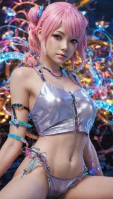 1girl,solo,breasts,looking at viewer,bangs,hair ornament,navel,bare shoulders,twintails,jewelry,medium breasts,sitting,closed mouth,underwear,collarbone,panties,swimsuit,pink hair,midriff,necklace,stomach,blurry,bracelet,lips,crop top,blurry background,swept bangs,drill hair,tank top,armlet,realistic,bikini,watermark,armband,web address