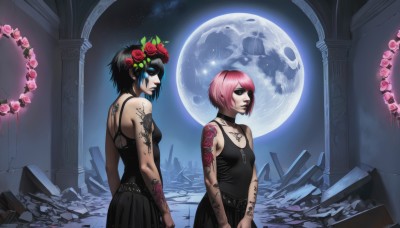 breasts,short hair,multiple girls,black hair,hair ornament,dress,2girls,bare shoulders,jewelry,pink hair,flower,small breasts,sky,choker,belt,hair flower,necklace,black dress,lips,tattoo,makeup,night,rose,moon,sunglasses,tank top,cross,lipstick,star (sky),full moon,arm tattoo,head wreath,shoulder tattoo,ruins,pink rose,pillar,gothic,back tattoo,pendant,facial tattoo