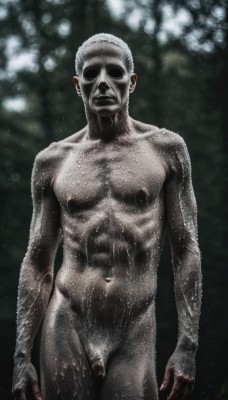 solo,looking at viewer,1boy,navel,nipples,standing,male focus,nude,cowboy shot,penis,blurry,wet,pubic hair,completely nude,uncensored,mask,muscular,blurry background,abs,testicles,pectorals,male pubic hair,realistic,arms at sides,flaccid,horror (theme),what,short hair,white hair,facial hair,shaded face,chest hair,fine art parody