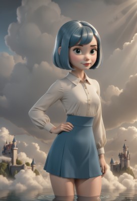 1girl,solo,looking at viewer,smile,short hair,bangs,blue eyes,skirt,shirt,long sleeves,closed mouth,blue hair,standing,white shirt,cowboy shot,pleated skirt,small breasts,outdoors,sky,day,collared shirt,artist name,cloud,water,blue sky,lips,blue skirt,hand on hip,dress shirt,buttons,swept bangs,sunlight,bob cut,cloudy sky,wing collar,building,wading,arm at side,high-waist skirt,light rays,shirt tucked in,sunbeam,castle,tower,breasts,blush,realistic