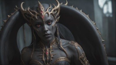 HQ,1girl,solo,long hair,breasts,looking at viewer,black hair,red eyes,bare shoulders,jewelry,collarbone,upper body,parted lips,blurry,lips,makeup,blurry background,colored skin,lipstick,monster girl,gem,portrait,colored sclera,grey skin,alien,black skin,black lips,horns,teeth,realistic,forehead jewel