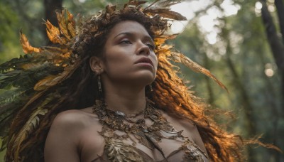 1girl,solo,long hair,breasts,blue eyes,brown hair,black hair,hair ornament,cleavage,bare shoulders,jewelry,medium breasts,closed mouth,collarbone,upper body,earrings,outdoors,day,dark skin,necklace,blurry,dark-skinned female,lips,depth of field,blurry background,leaf,looking away,sunlight,feathers,looking up,nature,forest,freckles,realistic,nose,headdress,feather hair ornament,tribal,tooth necklace,mole,portrait,looking afar