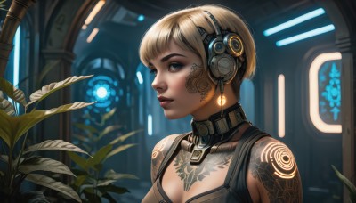 1girl,solo,breasts,short hair,blue eyes,blonde hair,cleavage,bare shoulders,jewelry,medium breasts,upper body,choker,collar,lips,tattoo,makeup,headphones,plant,science fiction,nose,cyborg,looking at viewer,bangs,earrings,small breasts,parted lips,indoors,from side,eyelashes,profile,glowing,leaf,bob cut,eyeshadow,shoulder tattoo,facial tattoo,neck tattoo