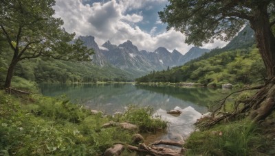 flower,outdoors,sky,day,cloud,water,tree,blue sky,no humans,cloudy sky,grass,nature,scenery,forest,reflection,rock,mountain,river,landscape,mountainous horizon,lake,plant,watercraft,boat