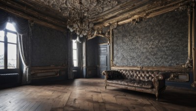 day,indoors,tree,no humans,window,shadow,chair,table,sunlight,curtains,scenery,couch,wooden floor,stairs,armchair,painting (object),piano,carpet,chandelier,1girl,solo,dress,standing,wide shot,picture frame,crack,floor,candlestand