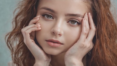 1girl,solo,long hair,looking at viewer,simple background,brown hair,brown eyes,parted lips,lips,grey eyes,eyelashes,wavy hair,portrait,close-up,realistic,nose,hands on own face,hands on own cheeks,closed mouth,fingernails,expressionless,forehead,head rest