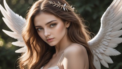 1girl,solo,long hair,looking at viewer,brown hair,hair ornament,bare shoulders,brown eyes,closed mouth,upper body,flower,wings,hair flower,blurry,lips,eyelashes,depth of field,blurry background,wavy hair,portrait,feathered wings,angel wings,realistic,nose,white wings,angel,head wreath,dress,day,white dress,sunlight,backlighting,spaghetti strap,bokeh