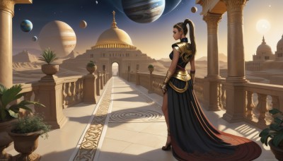 1girl,solo,long hair,breasts,brown hair,black hair,dress,jewelry,standing,ponytail,earrings,sky,sleeveless,looking back,dark skin,from behind,black dress,high heels,bracelet,dark-skinned female,shadow,moon,high ponytail,plant,star (sky),scenery,armlet,potted plant,bracer,planet,pillar,desert,arch,column,cactus,full body,tattoo