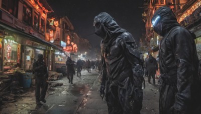 holding,standing,jacket,weapon,outdoors,multiple boys,sky,hood,holding weapon,armor,gun,mask,night,glowing,helmet,robot,ground vehicle,building,star (sky),holding gun,night sky,motor vehicle,rifle,hood up,starry sky,walking,science fiction,6+boys,city,sign,road,police,cyborg,street,cyberpunk,neon lights,scenery,lantern,realistic,car,assault rifle,cable,multiple others,lamppost