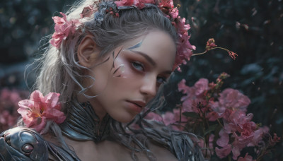 1girl, solo, long hair, looking at viewer, blue eyes, hair ornament, closed mouth, flower, white hair, hair flower, blurry, lips, blurry background, portrait, pink flower, realistic, nose