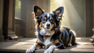 HQ,solo,looking at viewer,brown eyes,jewelry,indoors,blurry,collar,no humans,depth of field,blurry background,animal,sunlight,cat,brooch,gem,dog,realistic,animal focus,closed mouth,lying,signature,necklace,window,watermark,on stomach,web address,pendant,red collar,animal collar,puppy