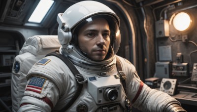 solo,1boy,brown eyes,closed mouth,upper body,male focus,indoors,blurry,blurry background,facial hair,helmet,beard,freckles,science fiction,realistic,stubble,american flag,spacesuit,astronaut,black hair,mole,black eyes,lips,expressionless,backpack,headset,serious,pilot suit,cable,space,looking afar,flag print,japanese flag,space helmet,united states,american flag print