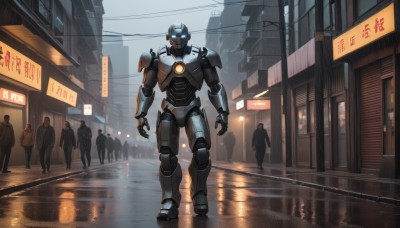 blue eyes,standing,outdoors,multiple boys,solo focus,armor,glowing,formal,helmet,suit,robot,ground vehicle,building,mecha,glowing eyes,motor vehicle,reflection,walking,science fiction,rain,6+boys,city,sign,realistic,car,road,police,power lines,street,open hands,power armor,cyberpunk,people,looking at viewer,sky,no humans,night,scenery,crowd