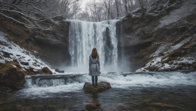 1girl, solo, long hair, brown hair, standing, boots, outdoors, water, from behind, tree, coat, nature, scenery, snow, forest, rock, winter, waterfall