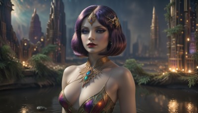 1girl,solo,breasts,looking at viewer,short hair,bangs,blue eyes,brown hair,hair ornament,cleavage,bare shoulders,jewelry,medium breasts,collarbone,upper body,purple hair,earrings,outdoors,parted lips,sky,water,necklace,blurry,lips,eyelashes,makeup,night,blurry background,moon,tiara,plant,lipstick,building,gem,reflection,city,realistic,nose,red lips,river,castle,tower,dress,artist name,cloud,cloudy sky,scenery