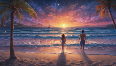 1girl, long hair, short hair, brown hair, black hair, 1boy, swimsuit, outdoors, sky, barefoot, cloud, water, from behind, tree, one-piece swimsuit, dutch angle, shadow, ocean, beach, star (sky), scenery, starry sky, walking, sunset, sand, palm tree, sun, horizon, male swimwear, waves, swim trunks, footprints