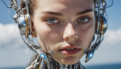 1girl, solo, looking at viewer, brown hair, brown eyes, parted lips, sky, day, cloud, blurry, lips, eyelashes, blurry background, portrait, close-up, freckles, science fiction, realistic, cable