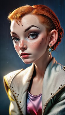 1girl,solo,looking at viewer,short hair,blue eyes,shirt,jewelry,closed mouth,jacket,upper body,braid,earrings,open clothes,hair bun,orange hair,mole,lips,grey eyes,eyelashes,makeup,single hair bun,lipstick,portrait,forehead,eyeshadow,freckles,pink shirt,realistic,nose,red lips,eyeliner,mascara,red hair,artist name,watermark,piercing,ear piercing,web address,zipper