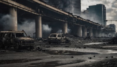 outdoors,sky,cloud,no humans,cloudy sky,ground vehicle,building,scenery,motor vehicle,smoke,city,car,road,ruins,vehicle focus,lamppost,debris,broken glass,dust,destruction,rubble,tire,post-apocalypse,broken window,day,military