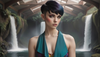 1girl,solo,breasts,looking at viewer,blush,short hair,black hair,cleavage,bare shoulders,brown eyes,jewelry,medium breasts,collarbone,upper body,earrings,parted lips,water,hair bun,mole,lips,makeup,lipstick,eyeshadow,realistic,nose,waterfall,bangs,eyelashes,blood,swept bangs,thick eyebrows,towel,breasts apart,zipper,freckles,asymmetrical hair,pink lips,eyeliner,facepaint