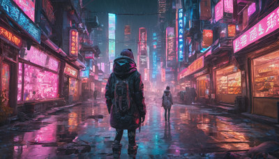 short hair, multiple girls, black hair, 2girls, standing, jacket, boots, outdoors, bag, from behind, dutch angle, night, backpack, building, scenery, reflection, science fiction, rain, city, sign, facing away, road, street, puddle, city lights, cyberpunk, neon lights