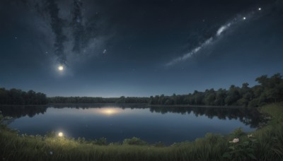 flower,outdoors,sky,cloud,water,tree,no humans,night,moon,grass,star (sky),nature,night sky,scenery,forest,starry sky,reflection,river,lake,fireflies,star (symbol),landscape,milky way