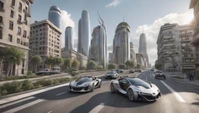 outdoors,sky,day,cloud,tree,blue sky,no humans,shadow,ground vehicle,building,scenery,motor vehicle,city,car,road,vehicle focus,lamppost,street,skyscraper,sports car,crosswalk,real world location,sunlight,realistic,cityscape