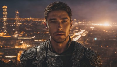 solo,looking at viewer,short hair,brown hair,black hair,1boy,brown eyes,closed mouth,upper body,male focus,outdoors,dark skin,armor,blurry,black eyes,blurry background,facial hair,shoulder armor,portrait,beard,pauldrons,breastplate,realistic,stubble,photo background,city lights,chainmail,sky,lips,night,depth of field,ocean,expressionless,thick eyebrows