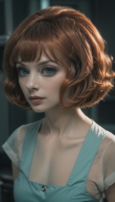 1girl,solo,breasts,looking at viewer,short hair,bangs,blue eyes,brown hair,shirt,dress,cleavage,medium breasts,closed mouth,collarbone,upper body,small breasts,artist name,blurry,lips,see-through,eyelashes,makeup,blurry background,watermark,freckles,curly hair,realistic,nose,sleeveless,blue dress