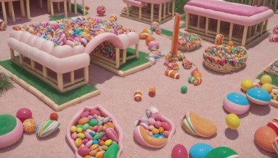 outdoors,food,no humans,shadow,chair,table,grass,candy,scenery,ball,fence,basket,egg,macaron,easter egg,day,indoors,food focus,candy cane,easter